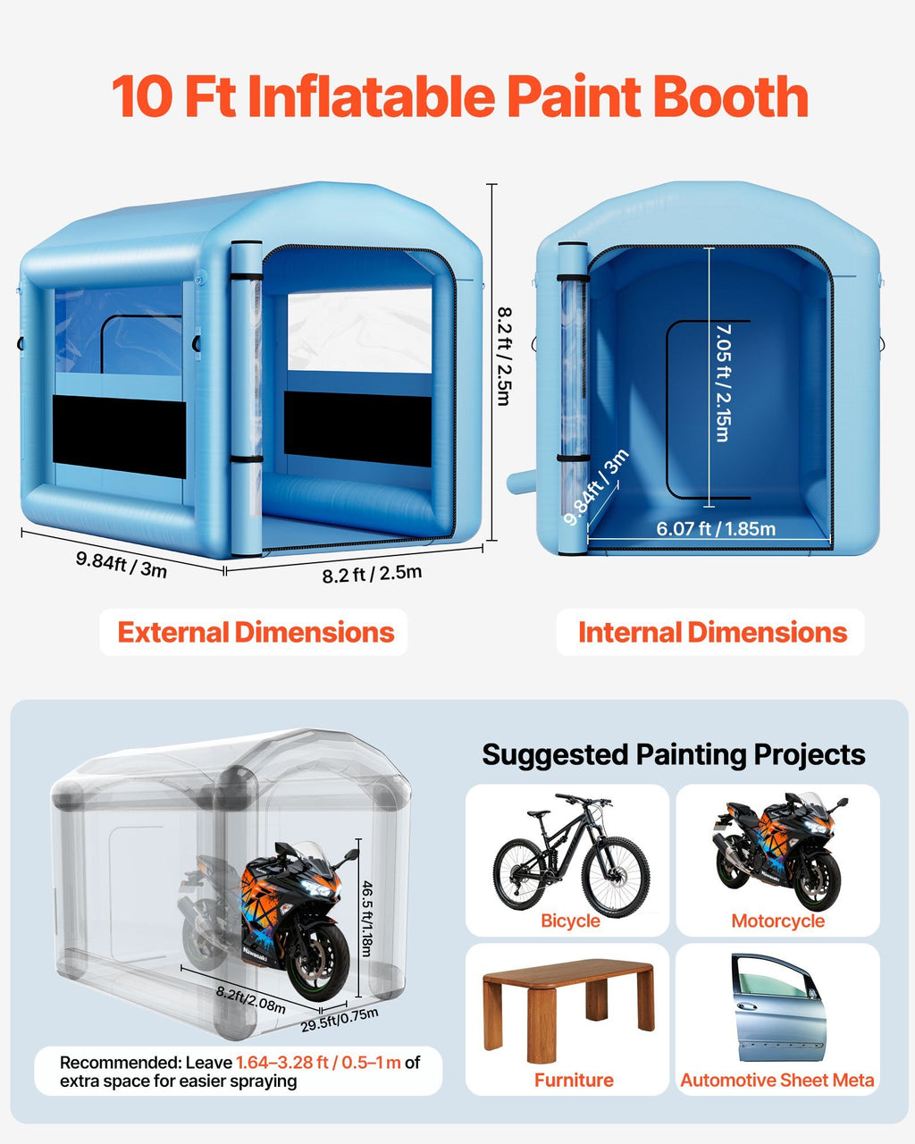 Inflatable Paint Booth, 9.84 x 8.2 x 8.2 ft, Inflatable Spray Booth with 550W Powerful Blower and Air Filter System, Round Roof with Light Hook, for Painting Bicycle, Motorcycle, and Furniture