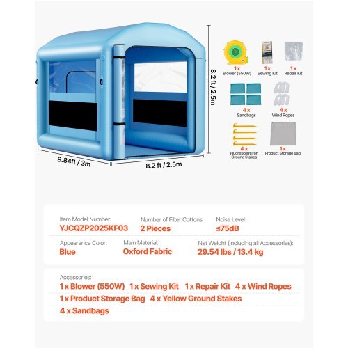 Inflatable Paint Booth, 9.84 x 8.2 x 8.2 ft, Inflatable Spray Booth with 550W Powerful Blower and Air Filter System, Round Roof with Light Hook, for Painting Bicycle, Motorcycle, and Furniture