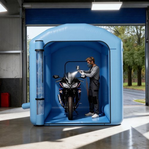 Inflatable Paint Booth, 9.84 x 8.2 x 8.2 ft, Inflatable Spray Booth with 550W Powerful Blower and Air Filter System, Round Roof with Light Hook, for Painting Bicycle, Motorcycle, and Furniture