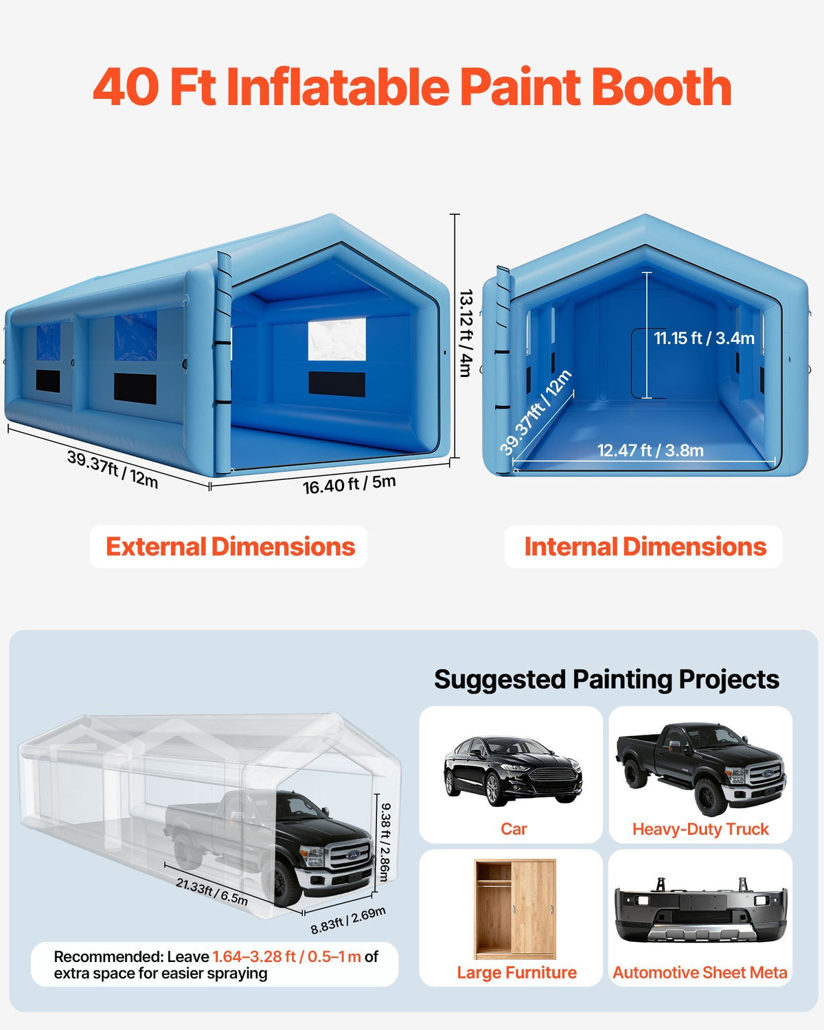 Inflatable Paint Booth, 39.37 x 16.40 x 13.12 ft, Inflatable Spray Booth with 950W+1100W Blowers, Air Filter System, Triangular Roof, for Painting Car, Truck, Furniture, Automotive Sheet Metal