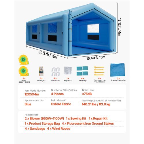 Inflatable Paint Booth, 39.37 x 16.40 x 13.12 ft, Inflatable Spray Booth with 950W+1100W Blowers, Air Filter System, Triangular Roof, for Painting Car, Truck, Furniture, Automotive Sheet Metal
