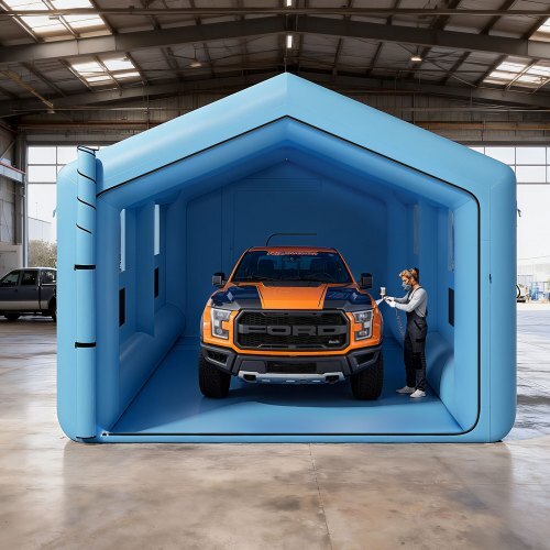 Inflatable Paint Booth, 39.37 x 16.40 x 13.12 ft, Inflatable Spray Booth with 950W+1100W Blowers, Air Filter System, Triangular Roof, for Painting Car, Truck, Furniture, Automotive Sheet Metal