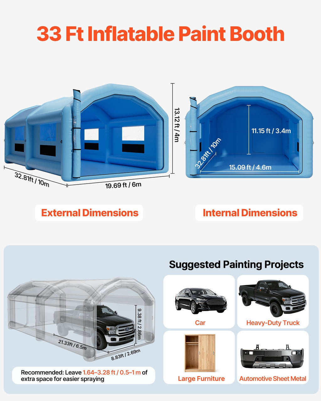 Inflatable Paint Booth, 32.81 x 19.69 x 13.12 ft, Inflatable Spray Booth with 950W and 1100W Blowers and Air Filter System, Round Roof, for Painting Car, Truck, Furniture, Automotive Sheet Metal