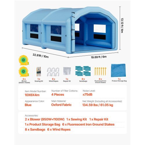 Inflatable Paint Booth, 32.81 x 19.69 x 13.12 ft, Inflatable Spray Booth with 950W and 1100W Blowers and Air Filter System, Round Roof, for Painting Car, Truck, Furniture, Automotive Sheet Metal