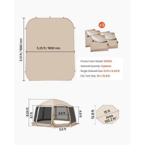 Sun Shade Sail Canopy Covers, Fit for 15 x 13.8 ft Screen House Tent, Sun Protection, 5.51 x 5.25 ft 300D Oxford Silver-Coated Fabric, Pack of 3 (Not Include Tent), for Outdoor Activities, Beige