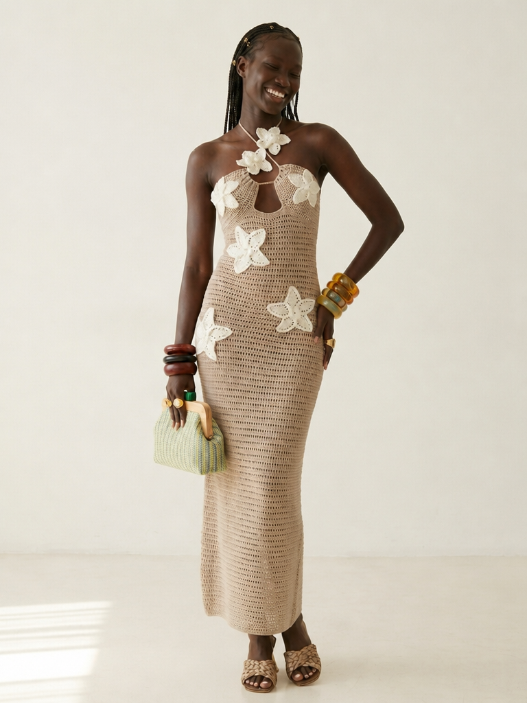Vibrant Crochet Floral Halter Maxi Dress
