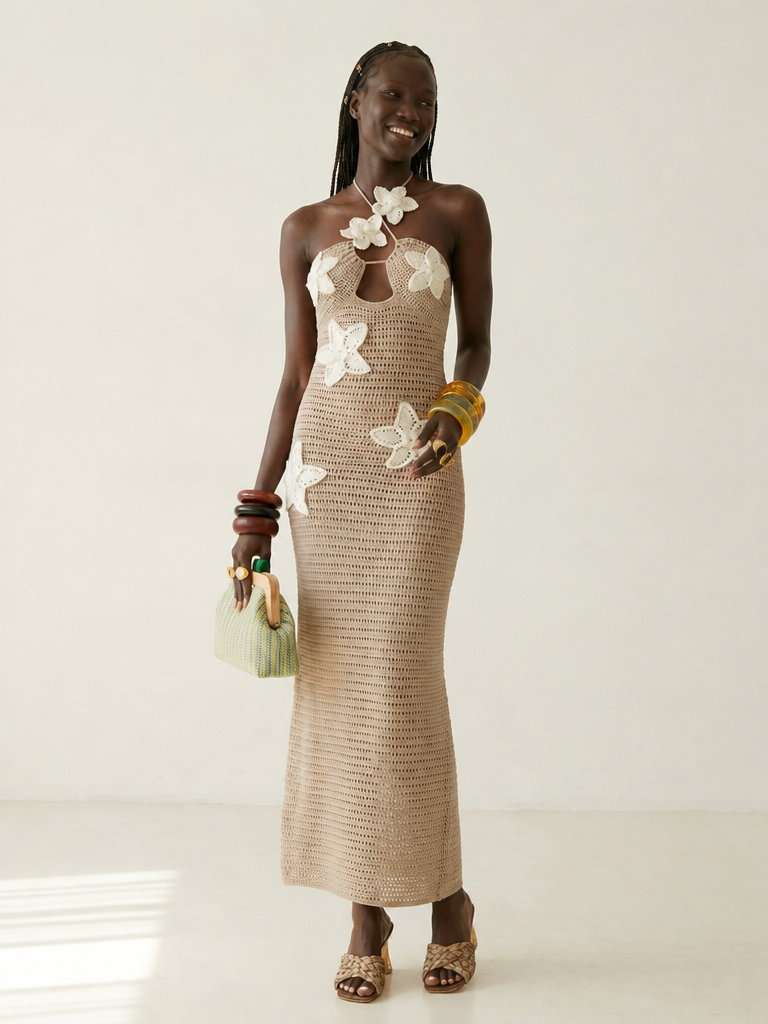 Vibrant Crochet Floral Halter Maxi Dress