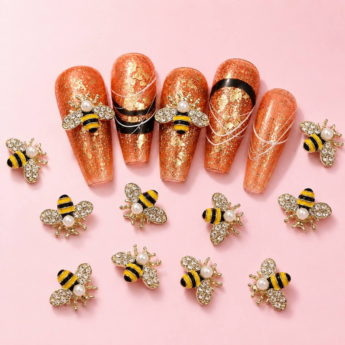 3D Crystal Bee Nail Charms Gold, 10 pcs