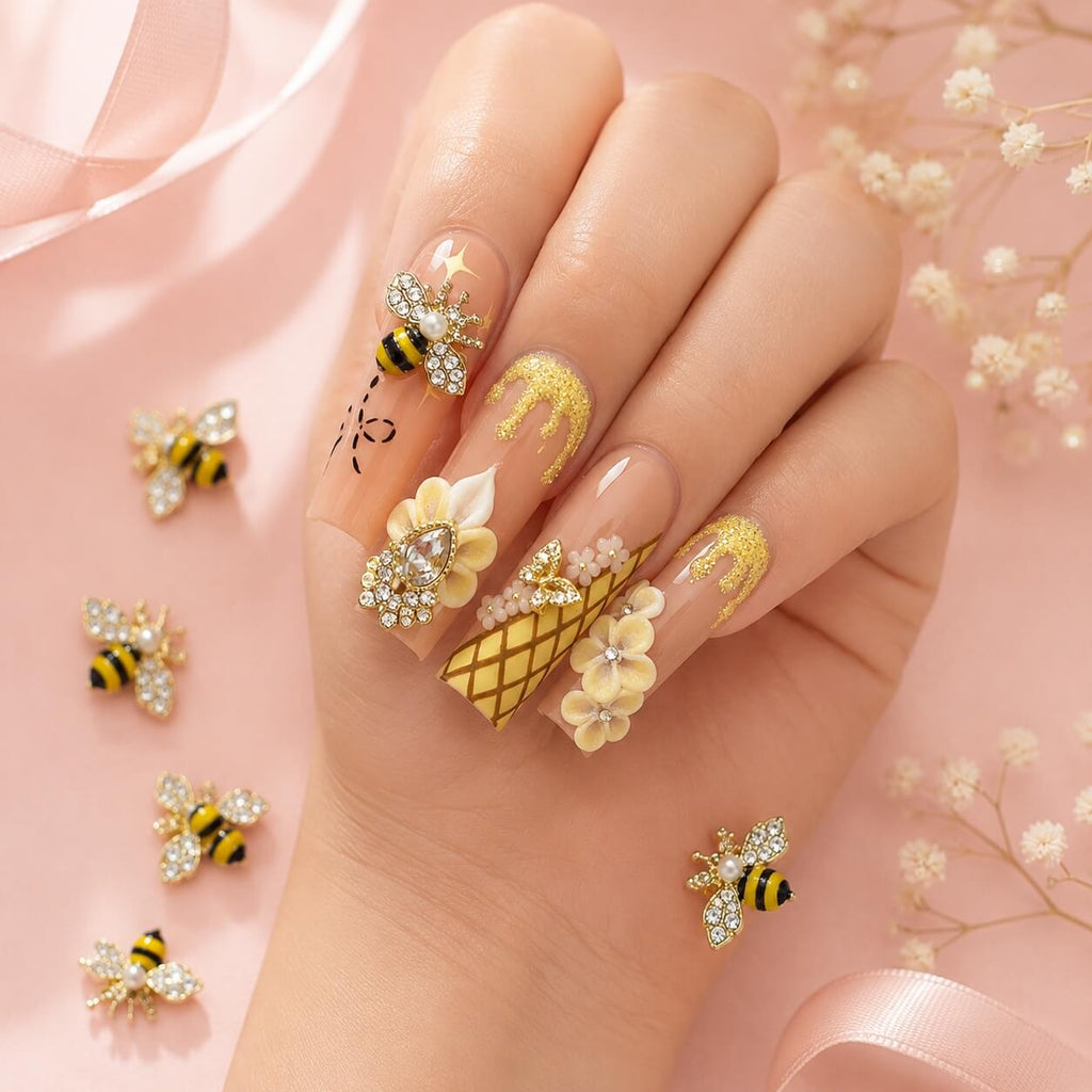 3D Crystal Bee Nail Charms Gold, 10 pcs