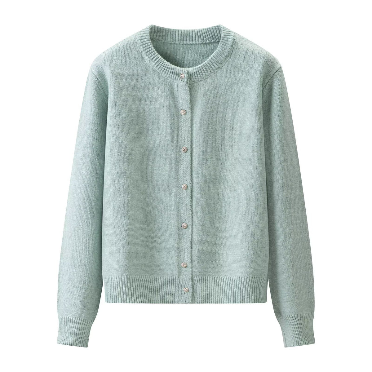 Solid color round neck long sleeved knitted cardigan jacket