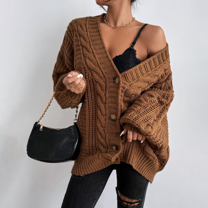 V-neck sweater women retro fashion loose cable knit lantern sleeve cardigan knit jacket
