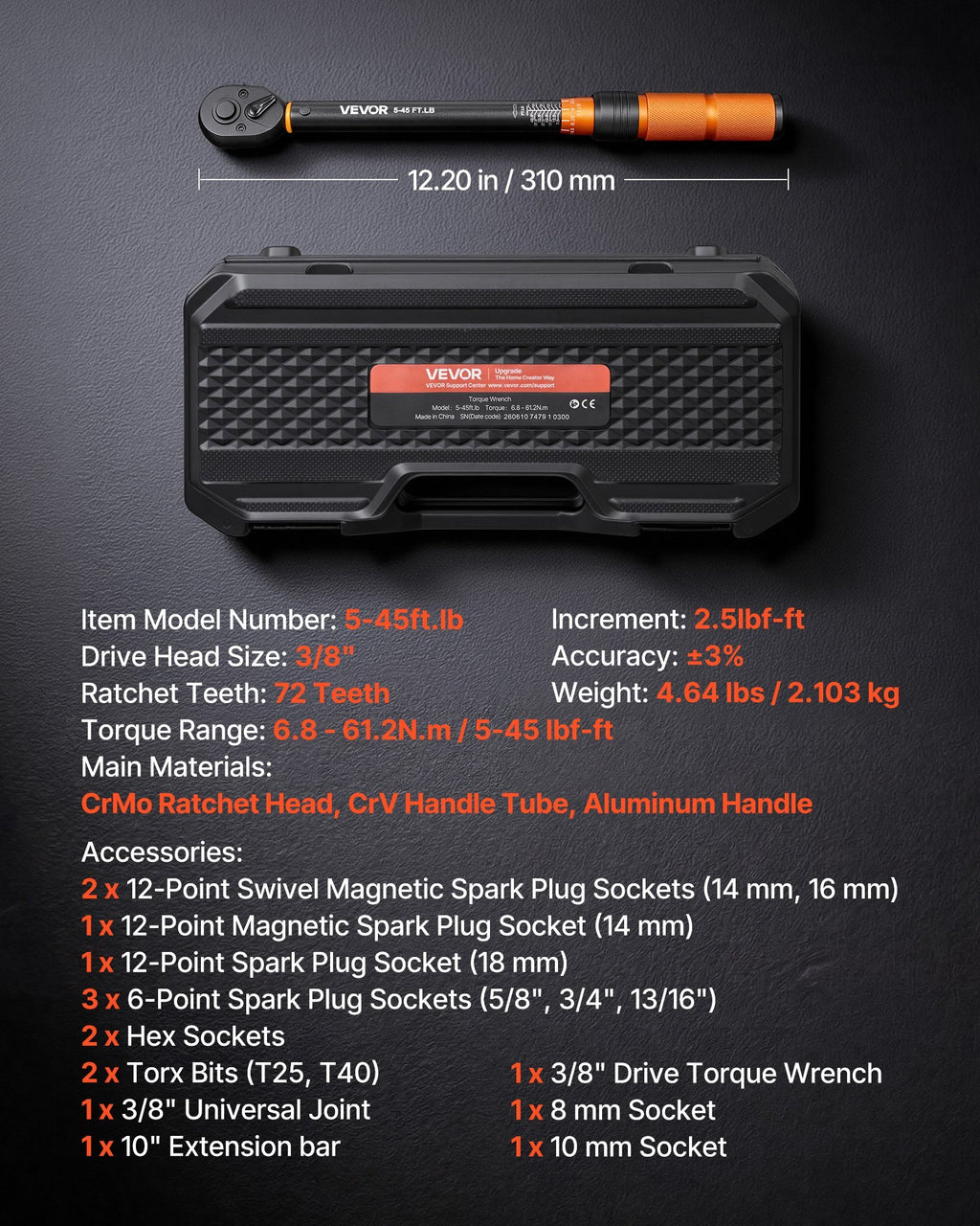 Torque Wrench 3/8-inch Drive Click Torque Wrench Dual Scale Readings, 5-45 lbf-ft / 6.8-61.2 N.m, ?3% High Precision, with Spark Plug Sockets, Bits, Universal Joint, Extension Bar, Storage Case