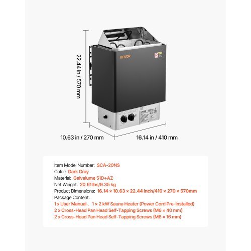 Sauna Heater, 2KW AC 120V Electric Sauna Stove, Dry Steam Bath Saunas Stove with Pre-Drilled Bracket, Fit 52.9 to 88.2 CU.FT Saunas Rooms, Steam Bath Stoves for Home, Commercial, Leisure Venues