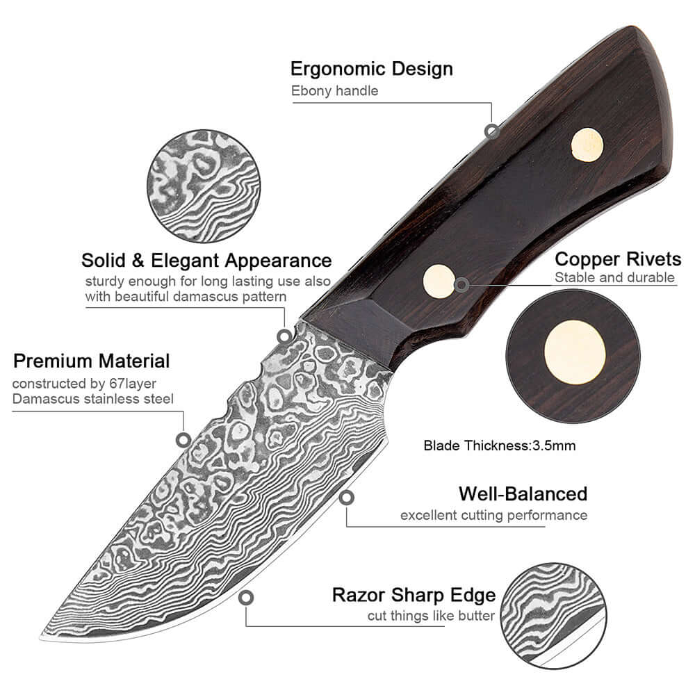Damascus Outdoor Knife – Leather Scabbard EDC Knife