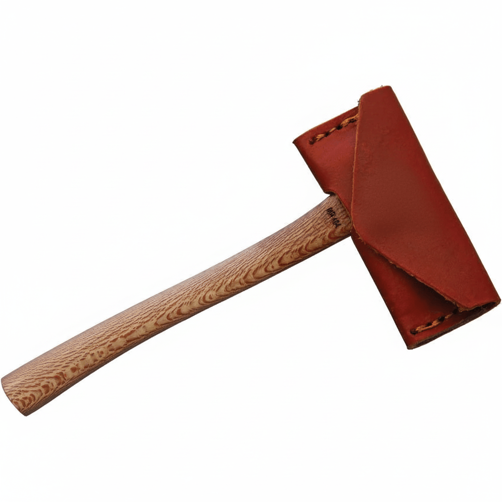 Damascus steel axe with leather sheath Head with Brown leather sheath.