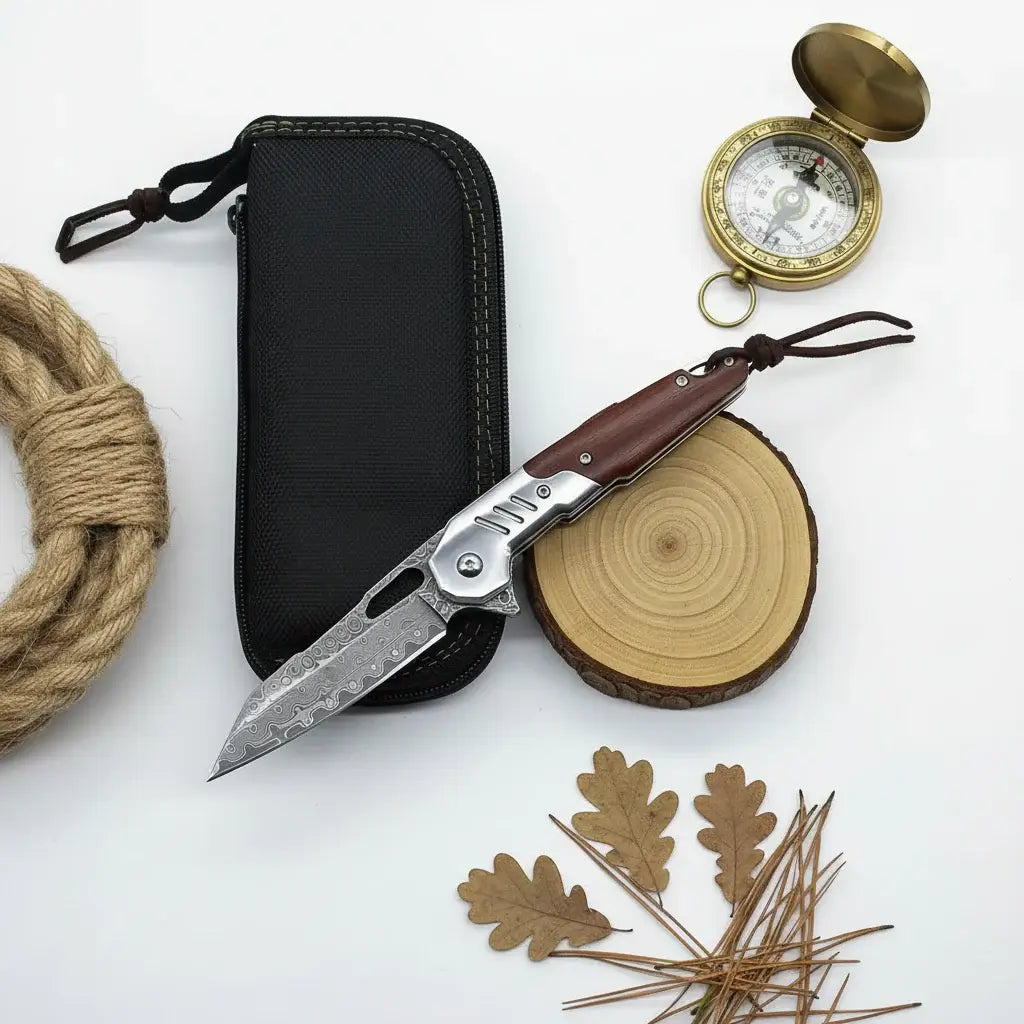 Damascus steel folding knife Rosewood+steel Handle Ball Bearing