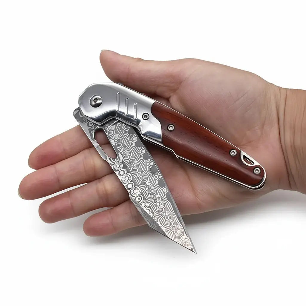 Damascus steel folding knife Rosewood+steel Handle Ball Bearing