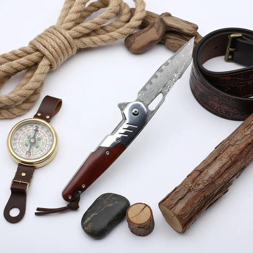 Damascus steel folding knife Rosewood+steel Handle Ball Bearing