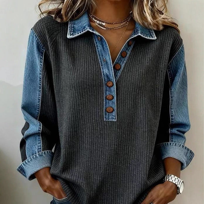 Washed Denim Patchwork Turn-Down Collar Loose Ribbed Hoodie