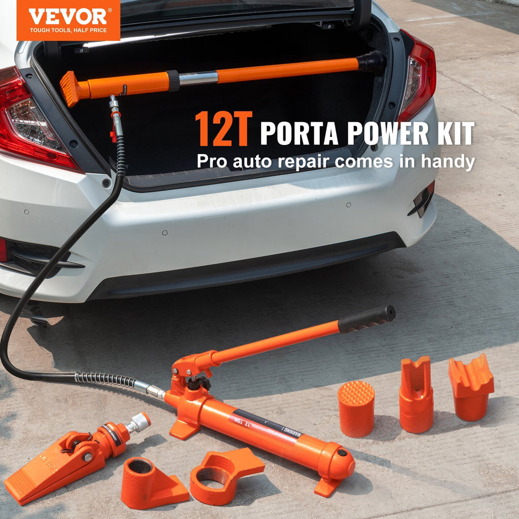 12 Ton Porta Power Kit, Portable Hydraulic Jack with 4.6 ft/1.4 m Oil Hose, Auto Body Frame Repair Kit with Storage Case for Car Repair, Truck, Farm