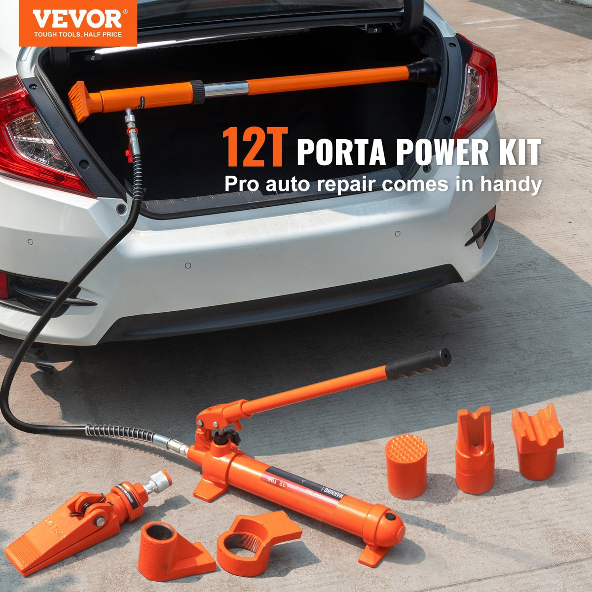 12 Ton Porta Power Kit, Portable Hydraulic Jack with 4.6 ft/1.4 m Oil Hose, Auto Body Frame Repair Kit with Storage Case for Car Repair, Truck, Farm