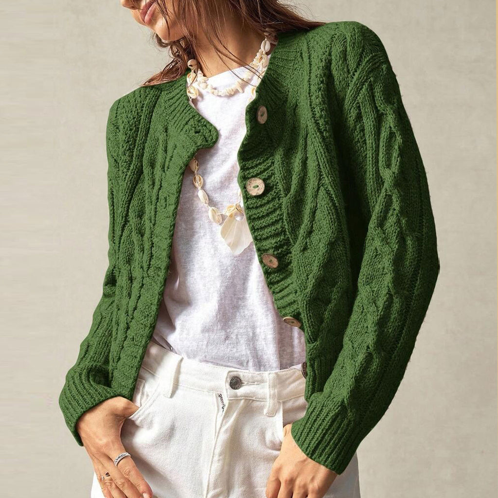 Retro Cable Knit Cardigan Women's Autumn Winter Round Neck Sweater Coat Slim Fit Green Twisted Knit Sweater