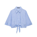 Flip collar short sleeved linen blended bow decoration short shirt