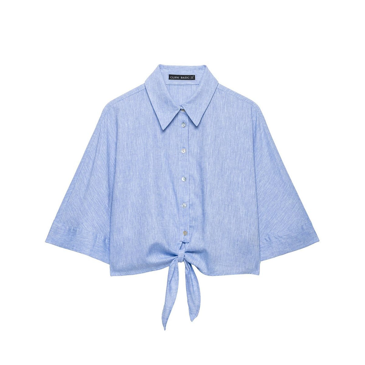 Flip collar short sleeved linen blended bow decoration short shirt