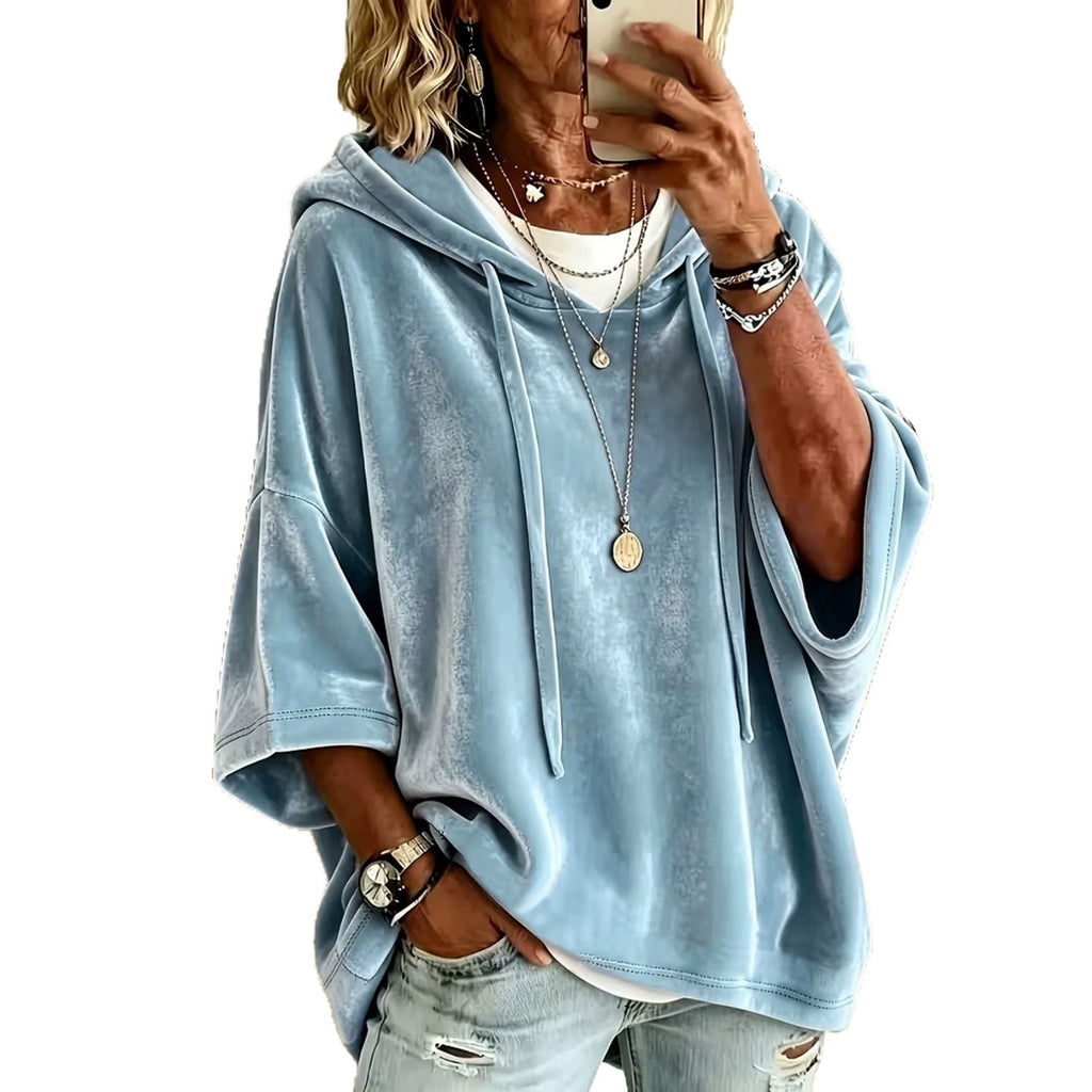 Style Autumn/Winter Women's 3/4 Sleeve Solid Color Velvet Casual Hooded Sweatshirt Top