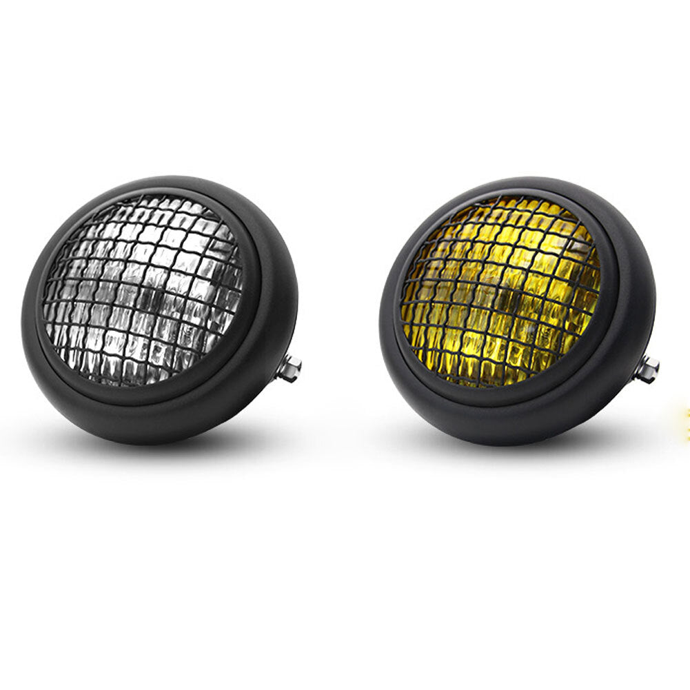Motorcycle Grille Headlights Motorcycle  Headlight Metal Retro Round 55W 12V Headlights Black shell white glass