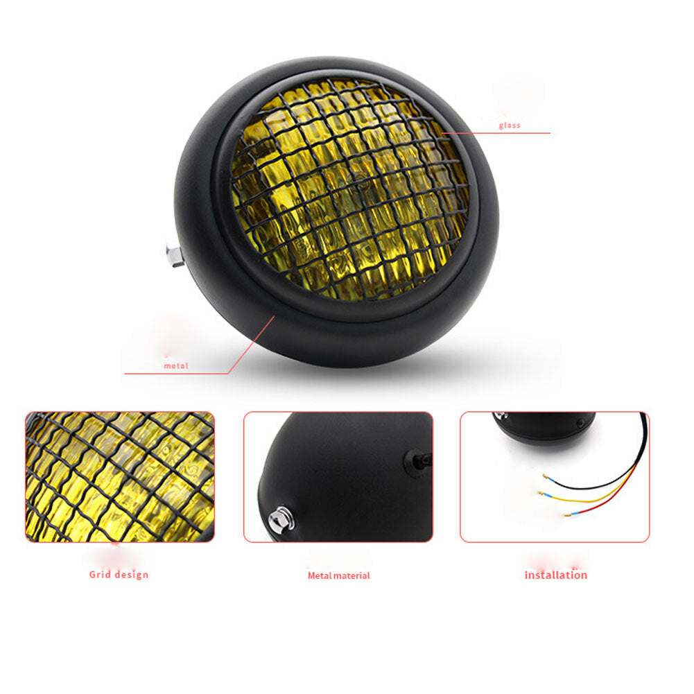 Motorcycle Grille Headlights Motorcycle  Headlight Metal Retro Round 55W 12V Headlights Black shell white glass