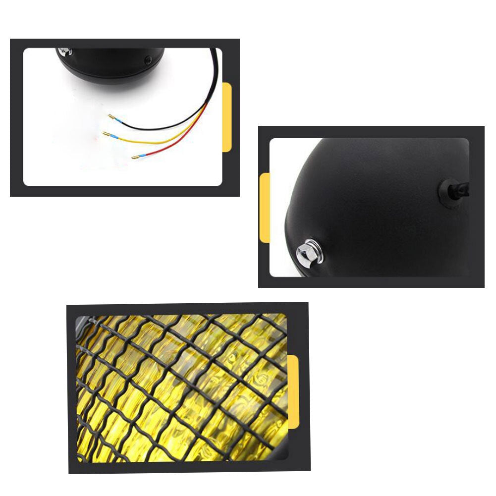 Motorcycle Grille Headlights Motorcycle  Headlight Metal Retro Round 55W 12V Headlights Black shell yellow glass