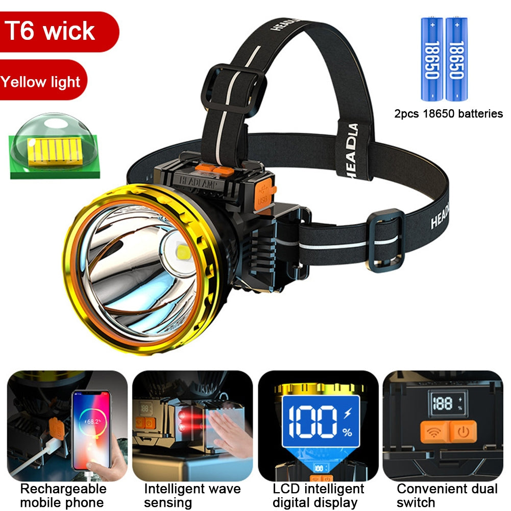 30w Led Headlights High Brightness Strong Light USB Rechargeable Outdoor IPX4 Waterproof Head Lamp Camping Equipment yellow light