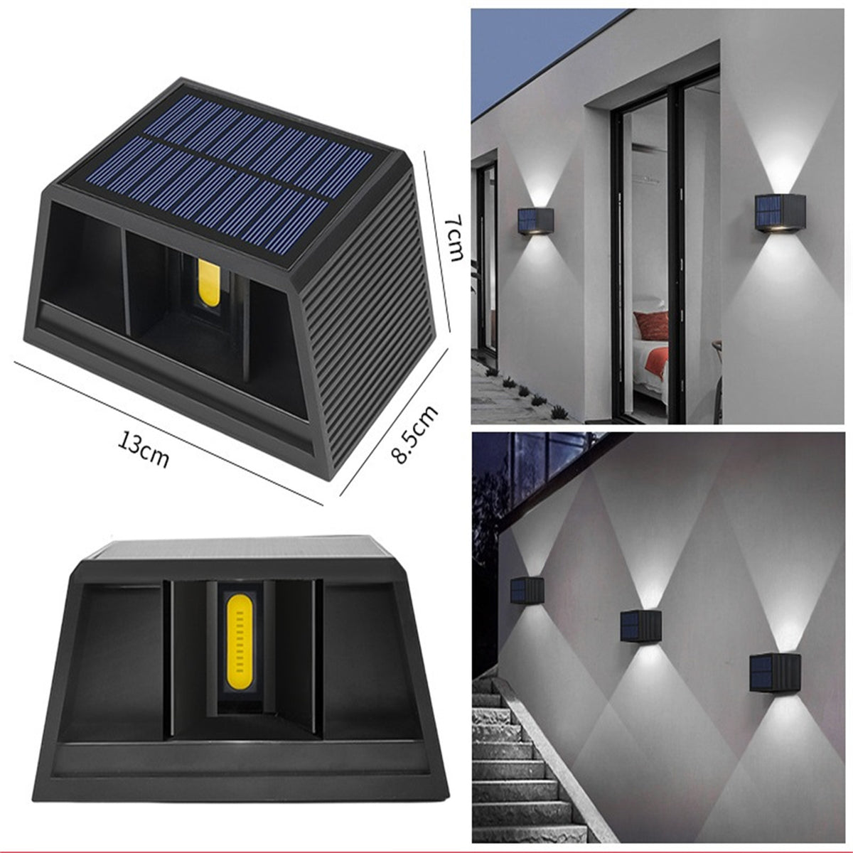 Solar LED Wall Lights 100 Lumens IP65 Waterproof High Brightness LED Headlight Beads Solar Up And Down Illuminate Outdoor Sunlight Lamp For Home Garden Porch Adjustable wall white light