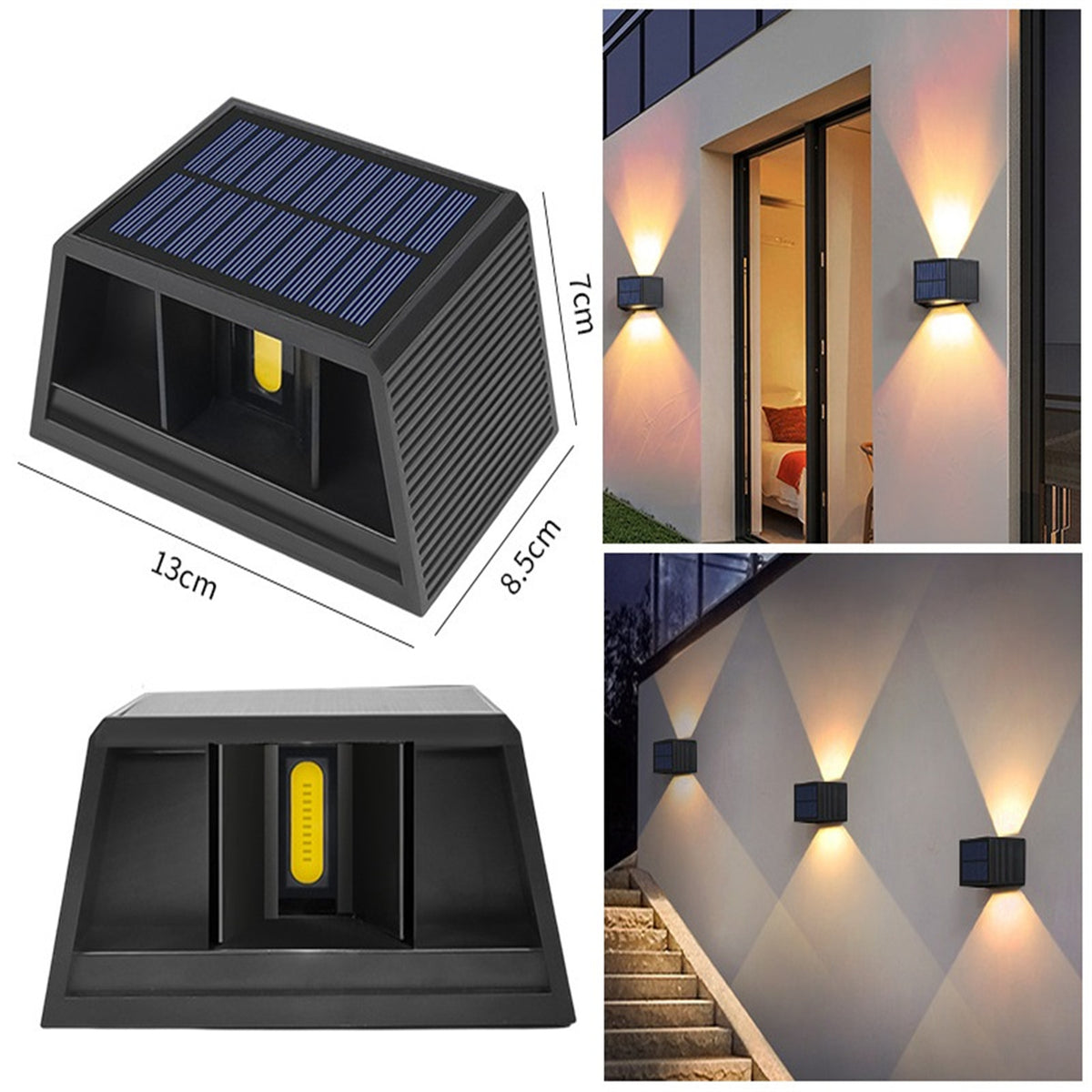 Solar LED Wall Lights 100 Lumens IP65 Waterproof High Brightness LED Headlight Beads Solar Up And Down Illuminate Outdoor Sunlight Lamp For Home Garden Porch Adjustable wall white light
