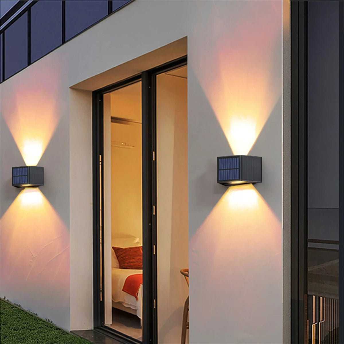 Solar LED Wall Lights 100 Lumens IP65 Waterproof High Brightness LED Headlight Beads Solar Up And Down Illuminate Outdoor Sunlight Lamp For Home Garden Porch Adjustable wall white light