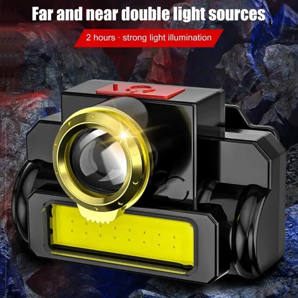 Portable Led Headlight Usb Rechargeable Cob Head Lamp Flashlight For Outdoor Fishing Hiking Running as shown