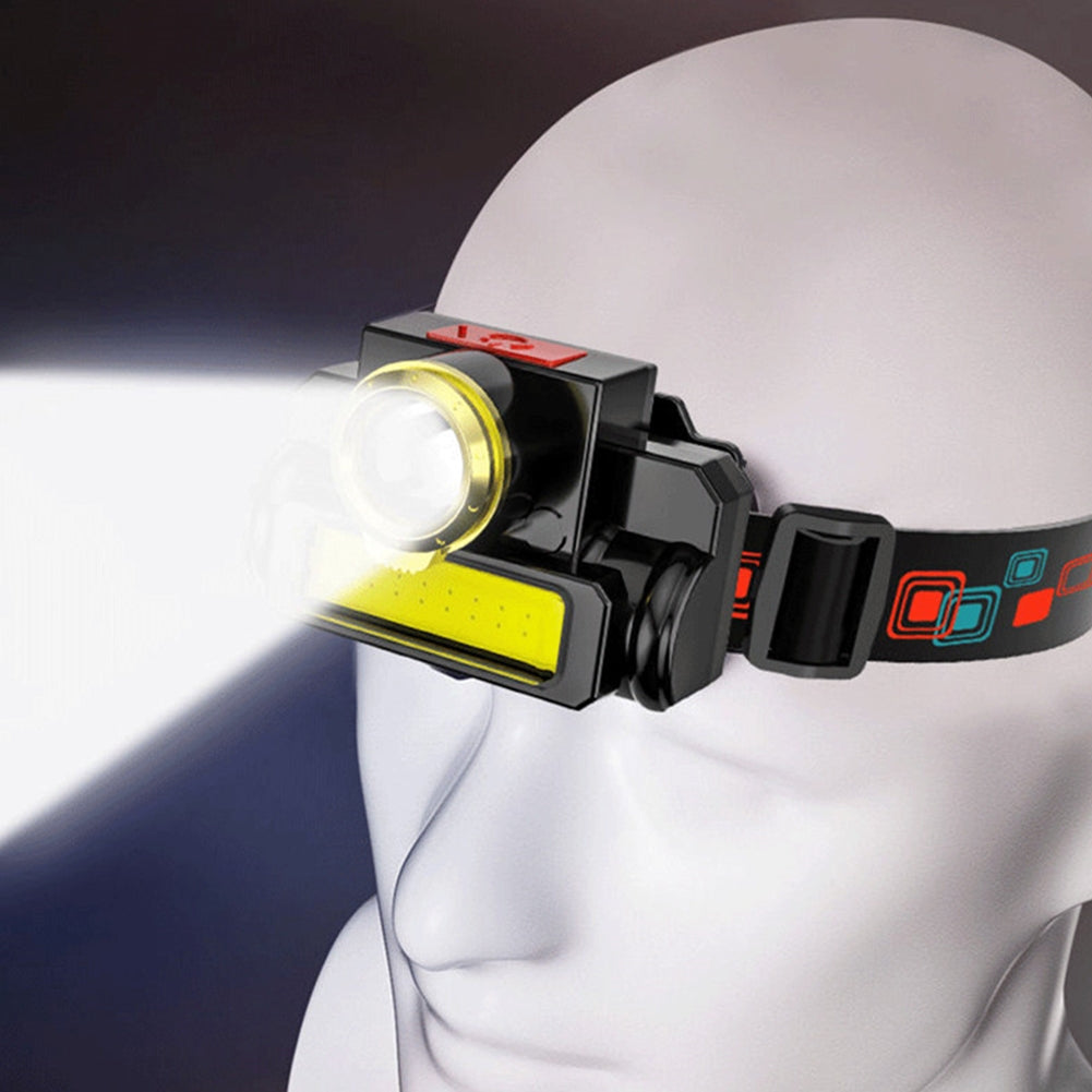 Portable Led Headlight Usb Rechargeable Cob Head Lamp Flashlight For Outdoor Fishing Hiking Running as shown