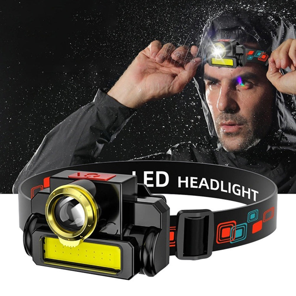 Portable Led Headlight Usb Rechargeable Cob Head Lamp Flashlight For Outdoor Fishing Hiking Running as shown