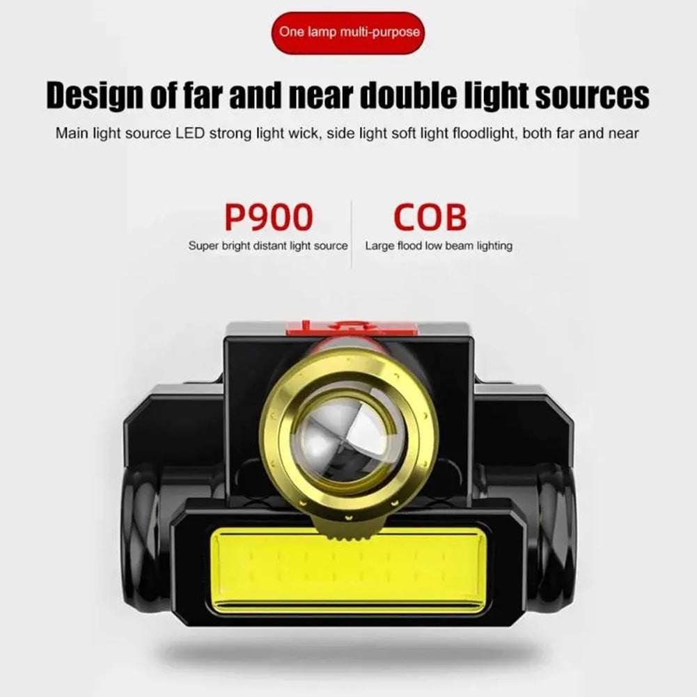 Portable Led Headlight Usb Rechargeable Cob Head Lamp Flashlight For Outdoor Fishing Hiking Running as shown