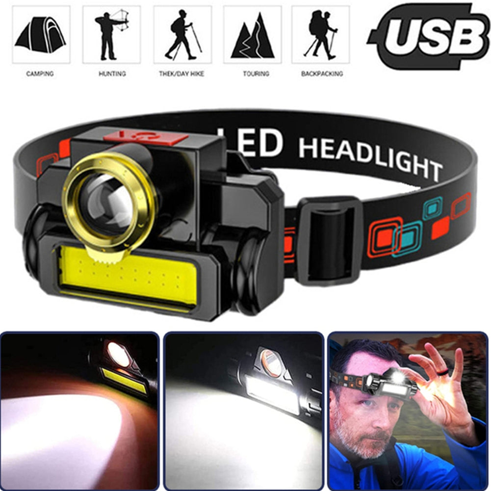 Portable Led Headlight Usb Rechargeable Cob Head Lamp Flashlight For Outdoor Fishing Hiking Running as shown