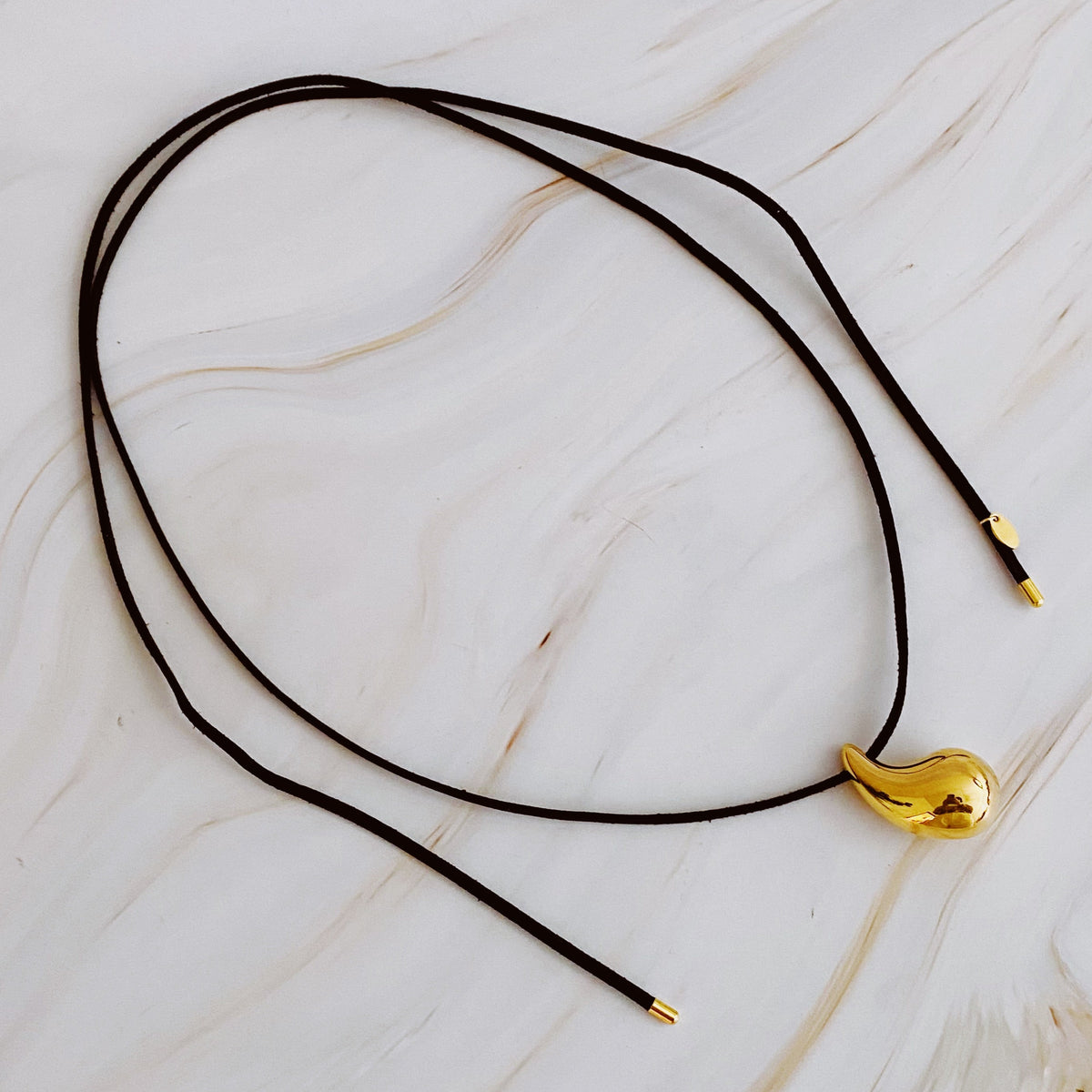 Black Leather Teardrop Necklace-3