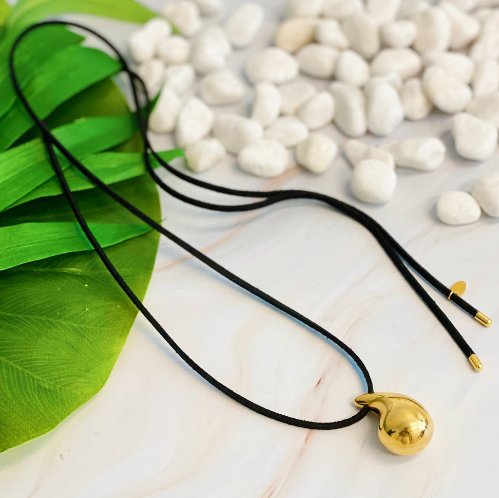 Black Leather Teardrop Necklace-0
