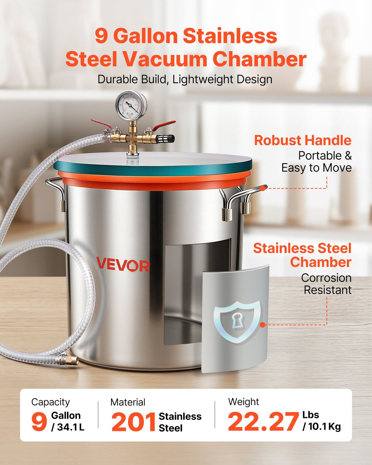 9 Gallon Vacuum Chamber, Stainless Steel, Vacuum Degassing Chamber with Tempered Glass Lid, Hose, Air Filter, for Resin Casting, Stabilizing Wood, Degassing Silicone, Epoxies, Essential Oils