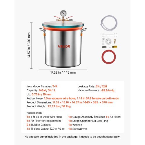9 Gallon Vacuum Chamber, Stainless Steel, Vacuum Degassing Chamber with Tempered Glass Lid, Hose, Air Filter, for Resin Casting, Stabilizing Wood, Degassing Silicone, Epoxies, Essential Oils