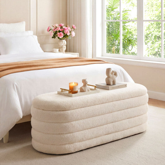 Upholstered Fabric Storage Ottoman Bench for End of Bed with 2 Struts-White - Color: White