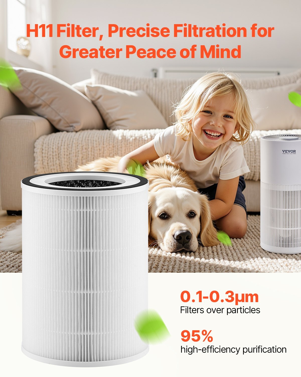Air Purifier Replacement Filter, H11, 2-in-1 Compact & Lightweight Replacement Filter with PET Pre-Filter, Easy-to-Grab Purifier Filter with Non-Woven Fabric, Fit for Cylindrical Purifier