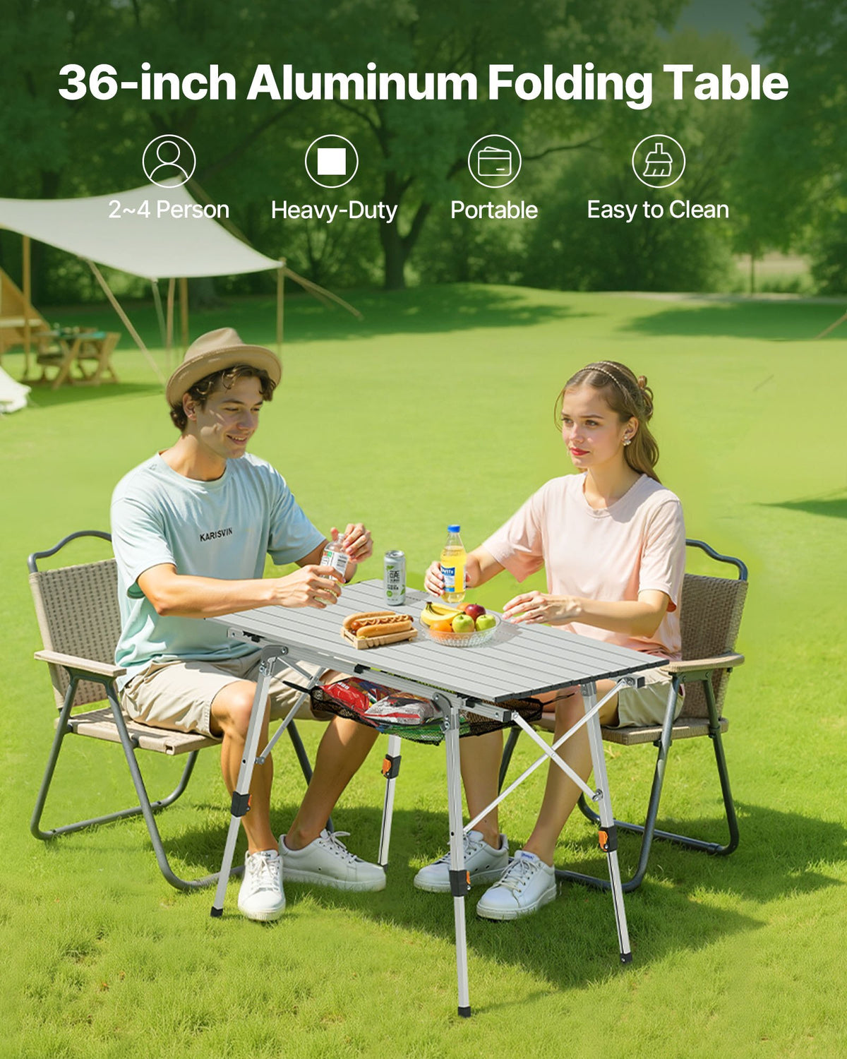 Folding Camping Table, Portable Roll Up Side Tables, Lightweight Aluminum Beach Table with Adjustable Height, Top Mesh Layer and Carry Bag, For Outdoor BBQ Tailgating Picnic, Travel, Silver