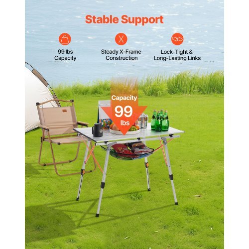 Folding Camping Table, Portable Roll Up Side Tables, Lightweight Aluminum Beach Table with Adjustable Height, Top Mesh Layer and Carry Bag, For Outdoor BBQ Tailgating Picnic, Travel, Silver