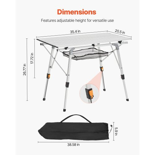 Folding Camping Table, Portable Roll Up Side Tables, Lightweight Aluminum Beach Table with Adjustable Height, Top Mesh Layer and Carry Bag, For Outdoor BBQ Tailgating Picnic, Travel, Silver